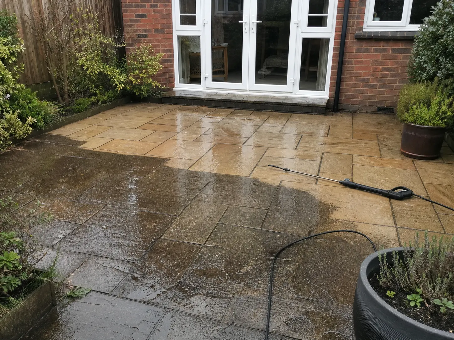 A partly cleaned sandstone patio behind an ordinary brick home, with a pressure-washer lance resting on the slabs.