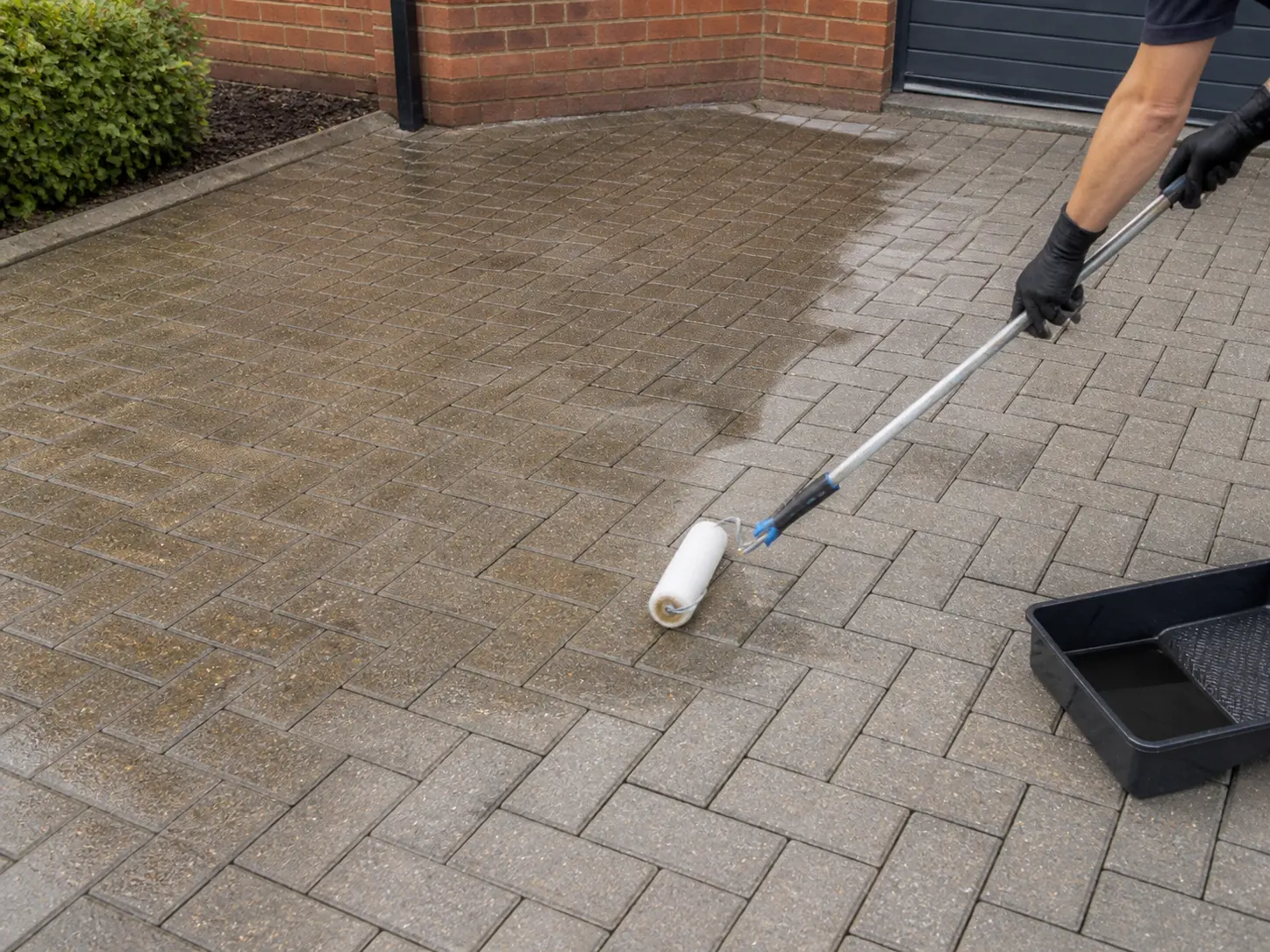A low-sheen paving sealer being applied to clean block paving with a roller.